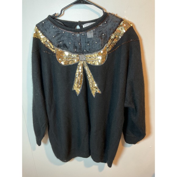 Venezia Vitale Sweaters - Vintage Venezia Vitale Women's 1x SilkAngora Blend Black Sweater Gold Sequin Bow